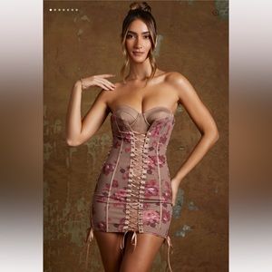 Oh Polly Emira Lace Up Corset Bandeau Micro Mini Dress in Beige Print